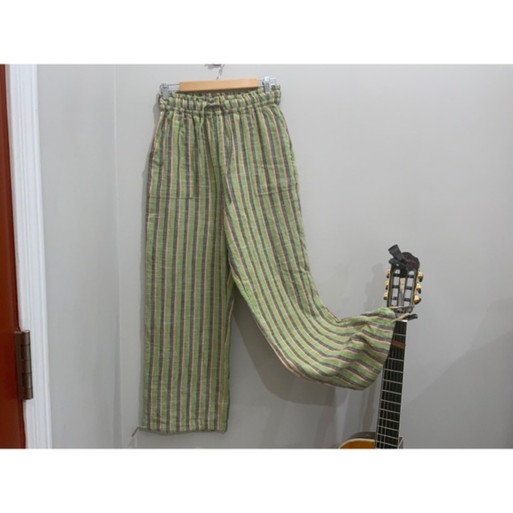 Next Green Striped Cotton Wide Leg Pants Elastic Waist US 4R V23-027-112